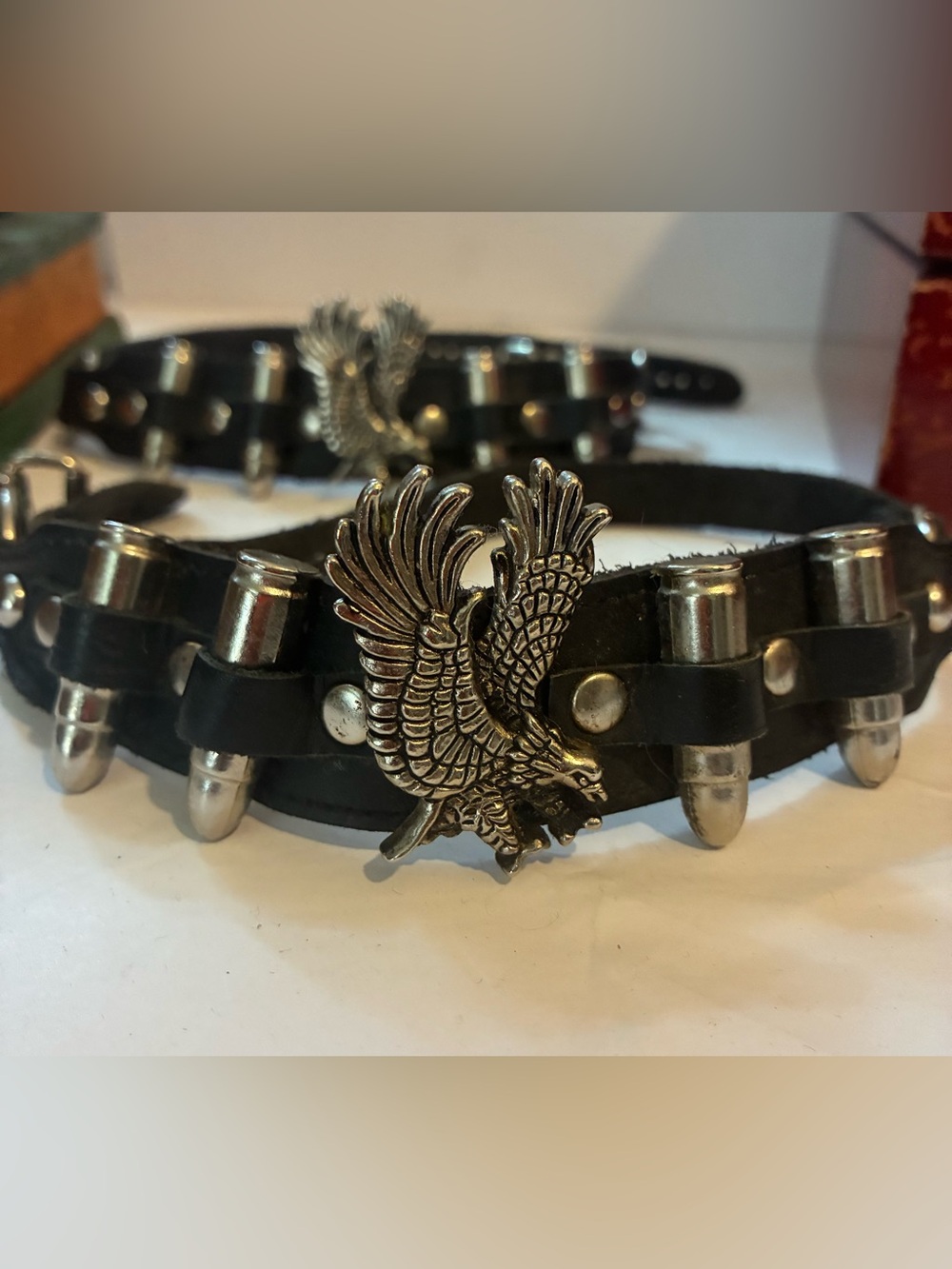 Men's Black Leather Eagle Stud Boot Bracelet